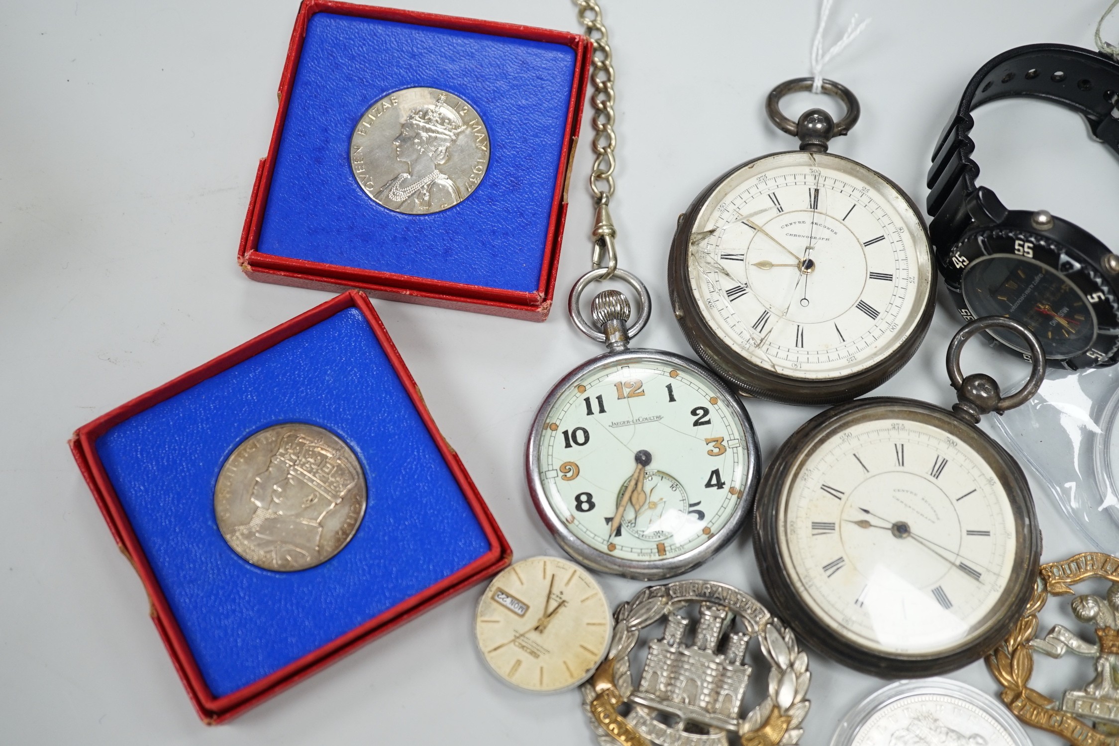 Assorted collectable items, including two silver open faced chronograph pocket watch, a chrome cased military Jaeger LeCoultre pocket watch, two wrist watches, two fob watches, assorted coins including US dollars, cap ba